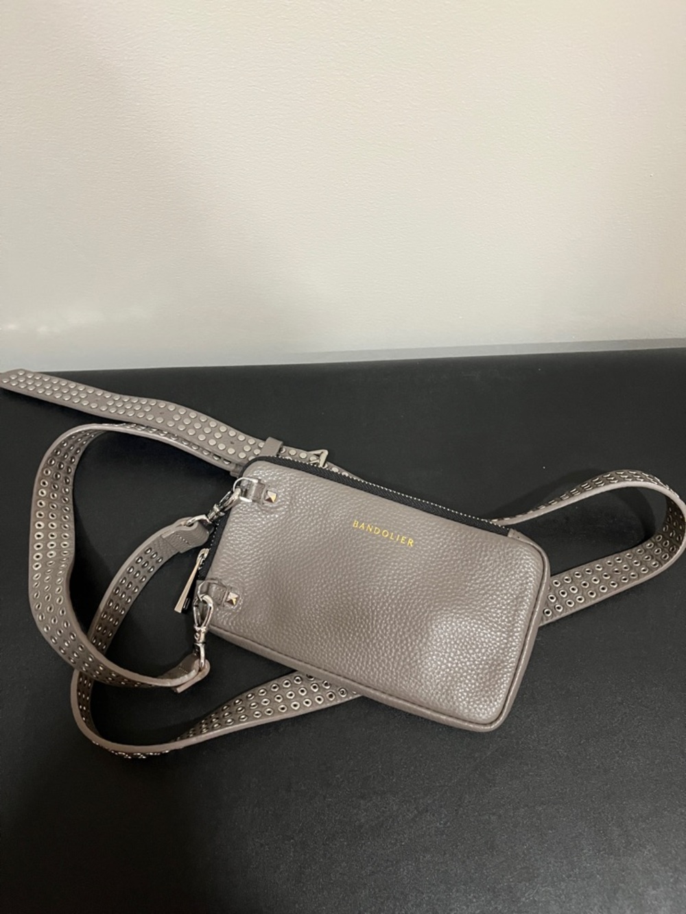 Bandolier Gray Leather Crossbody Phone Case with Studded Strap